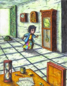 Momo en una de las ilustraciones de la novela, llena de relojes que marcan el tiempo